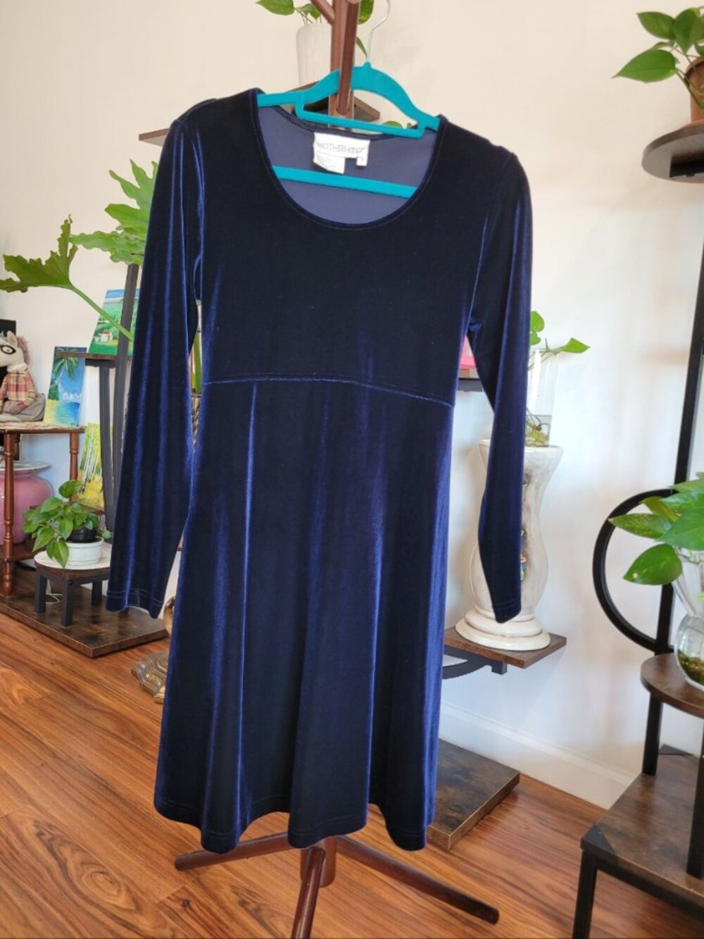Motherhood Womens Navy Blue Velvet Long Sleeve Dress, Size S, Tie Back Party Top